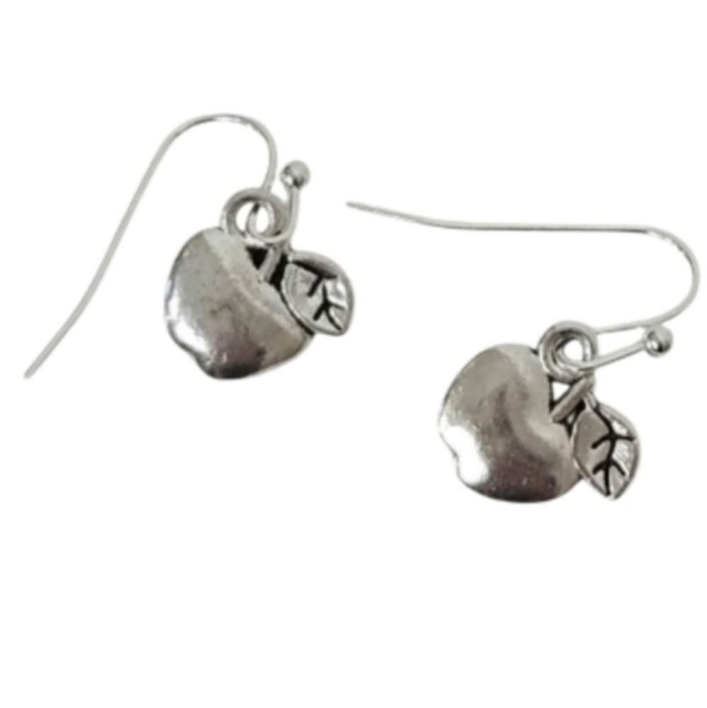 Silver Apple Charm Dangle Earrings Teacher Gift Back to School Jewelry - Picture 4 of 5